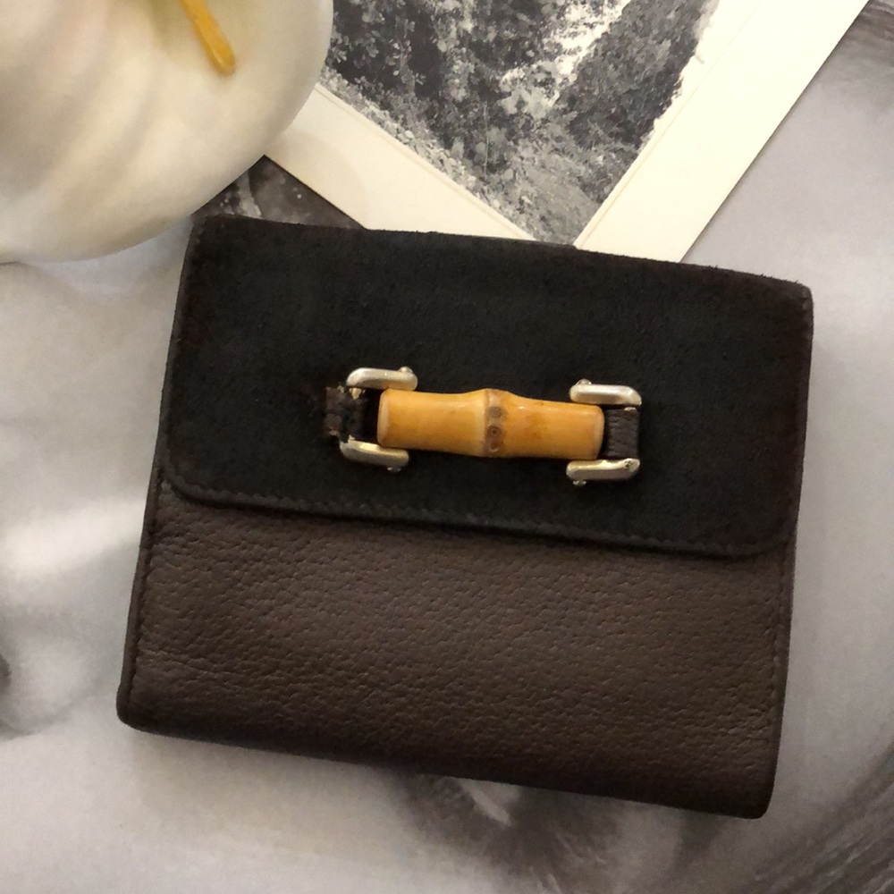 Gucci rare leather and suede bamboo wallet